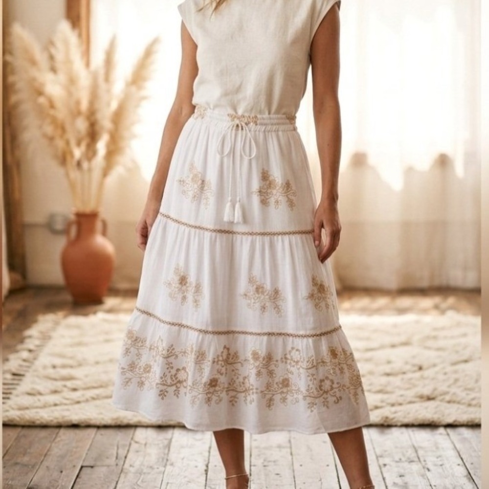 Ana & Rose Tiered Midi Skirt Women XL Cream Tan Floral Embroidered Boho Prairie